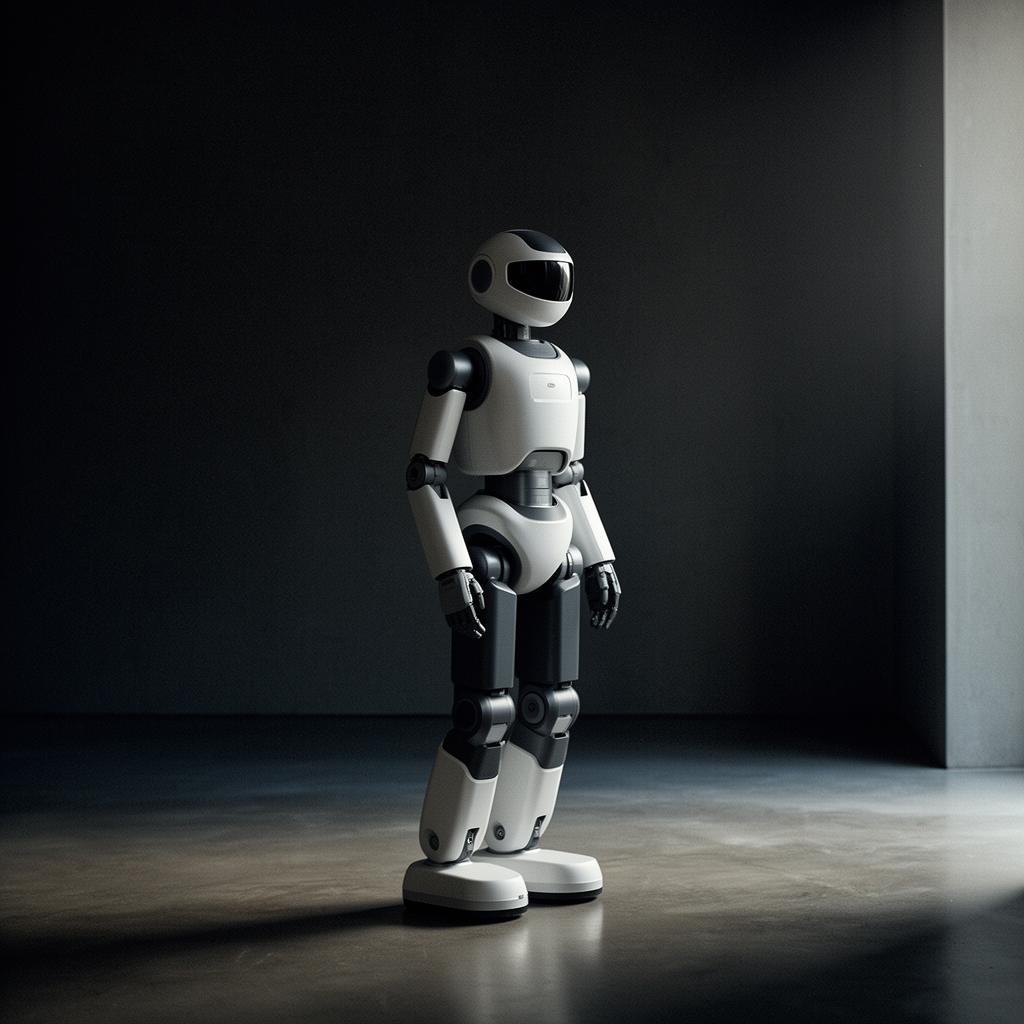 Humanoider Serviceroboter in einem ruhigen, modernen europäischen Interieur mit Anthrazit- und Off-White-Tönen.